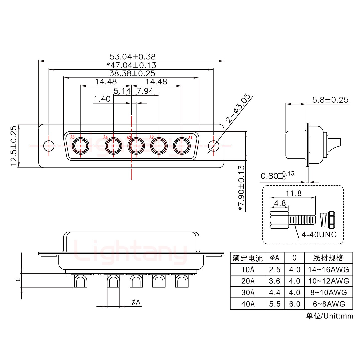 5W5母短體焊線(xiàn)/配螺絲螺母/大電流30A