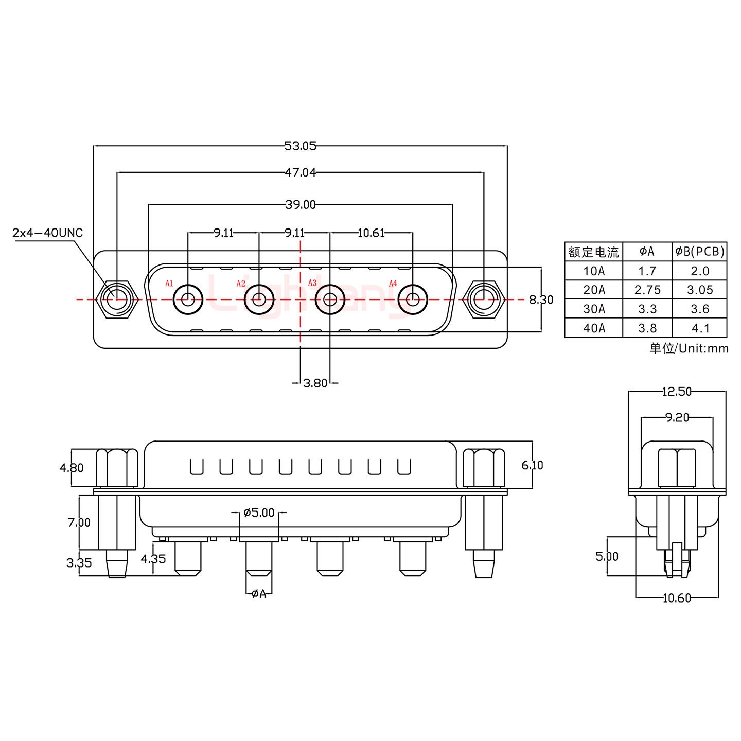 4W4公PCB直插板/鉚魚(yú)叉7.0/大電流20A
