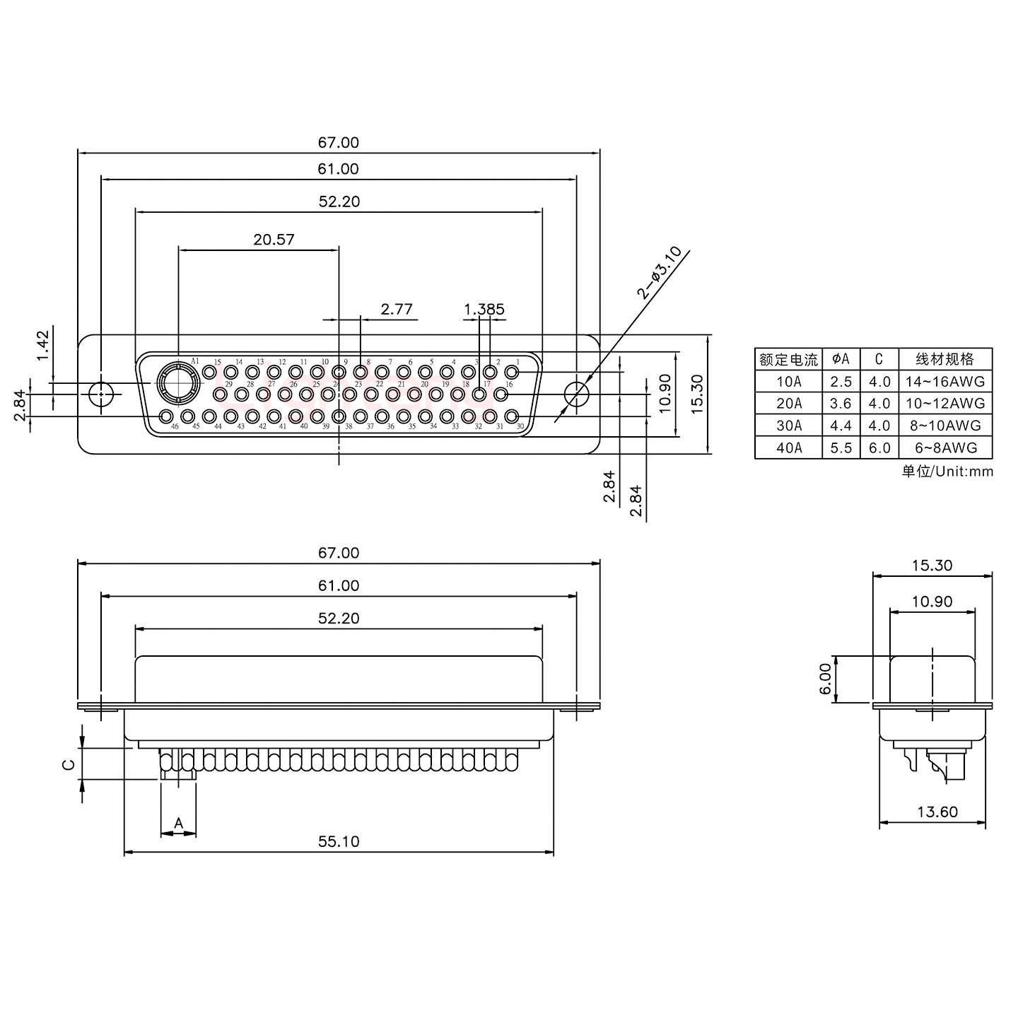 47W1母短體焊線20A+50P金屬外殼1331直出線12.5mm