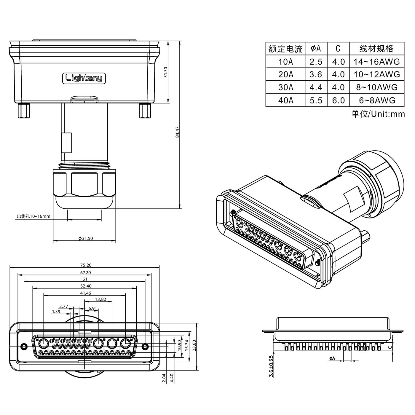 36W4母頭焊線(xiàn)+防水接頭/線(xiàn)徑10~16mm/大電流40A